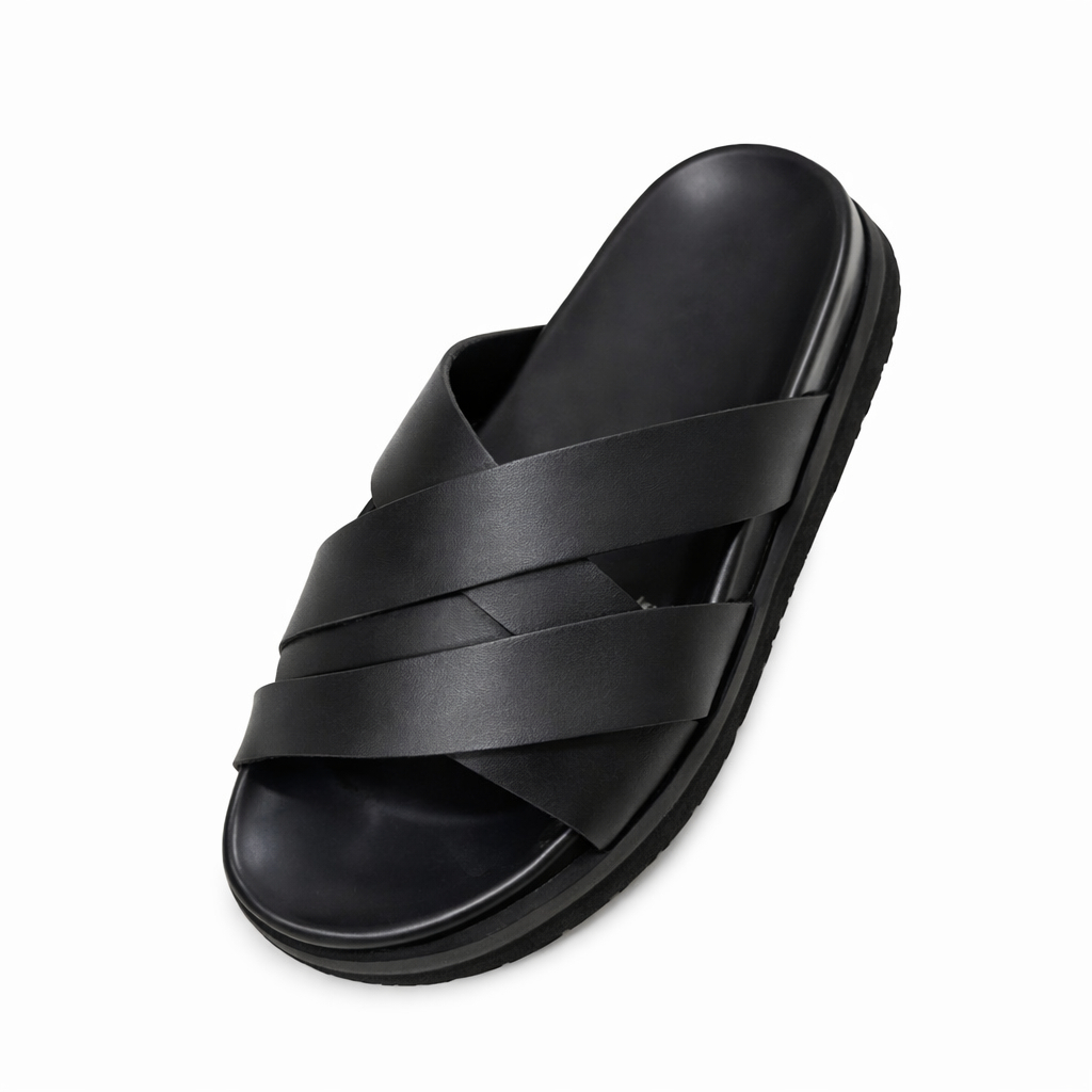 Black Cross Strap Slip On Sandal For Men